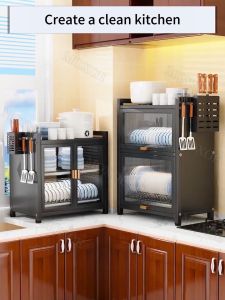 2/3-Tier Dish Rack Cabinet with Cover Steel Kitchen Organizer Cabinet Drawer Metal Carbon Black kitchenware set Dustproof Sink Rack Cook Room Sink Shelf Drain Rack On hand