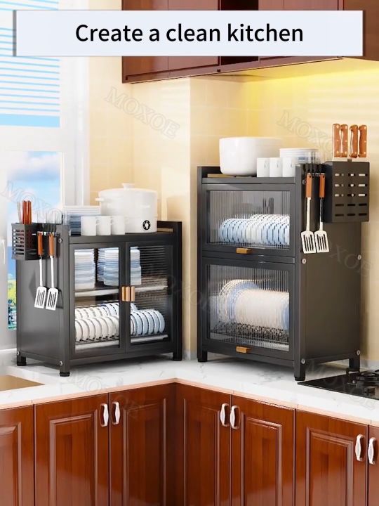 2/3-Tier Dish Rack Cabinet with Cover Steel Kitchen Organizer Cabinet  Drawer Metal Carbon Black kitchenware set Dustproof Sink Rack Cook Room  Sink