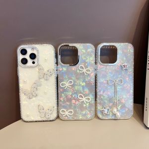ชุดกรอบและกรอบเพชร3D รูปโบว์และผีเสื้อเคสโทรศัพท์ IMD พร้อมสร้อยข้อมือสำหรับ iPhone 12 13 14 15 16ซีรีส์