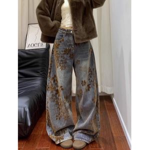 American Retro Floral Print Loose Jeans Womens Wide Leg Denim Pants Autumn Winter Plus Size Slimming Floor-Length Trousers