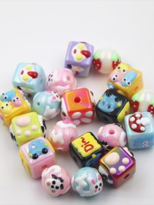 Handmade DIY Beaded Mobile Phone Chain Keyring Accessories Cartoon Hand-Painted Dice Acrylic Craft Materials Fashion Jewelry