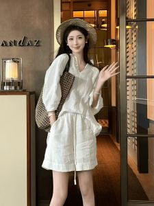 ชุดสองชิ้นผ้าฝ้ายลินินฤดูร้อนสำหรับผู้หญิง ชุดกันแดดสีขาว แฟชั่นระดับไฮเอนด์ ชุดทำงานสไตล์เกาหลี ชุดทำงานสไตล์ญี่ปุ่น