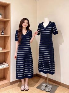 AIYITI | Youthful Navy Collar Striped Summer Maxi Dress