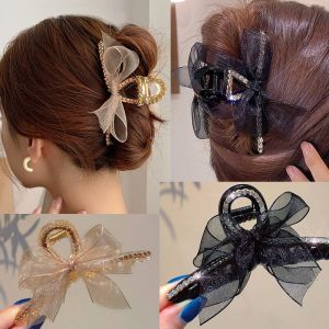Korean Style Woman Ribbon Hairclip Mesh Lace Bow Hair Pin Rhinestone Hair Clip Bow Ribbon Hair Claw Clip Fashion Female Hair Accessories