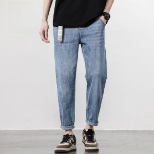 ROMON | Romon Mens Summer Thin Straight Leg Light Blue Washed Elastic Casual Jeans Mid Waist Zipper Closure Long Pants Youth Fashion