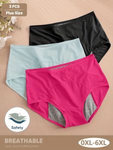 3pcs Womens Plus Size Period Underwear - High-Waisted Breathable Mesh Leak-Proof Ice Sliky Fiber Seamless Panties