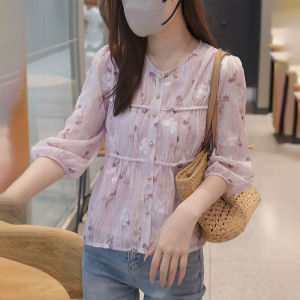 Pink Floral Shirt Womens Summer New Fashion Slimming Stylish Anti-Aging Meat Covering Design Sense Elegance Top