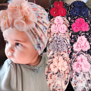 Flower Newborn Baby Hats 0-4 Years Old Infant Girls Baptism Bonnet Girl Turban Elastic Caps