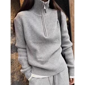 Gray High Collar Half Zip Thickened Womens Base Shirt Inner Wear Lazy Style Autumn Winter New Sweatshirt Commute Style Regular Fit