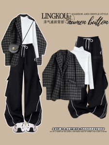 plus Size Autumn Casual Set Women High Waist Slimming Sports Pants Matching Base Shirt And Checkered Suit Jacket Fashionable Three Piece Set