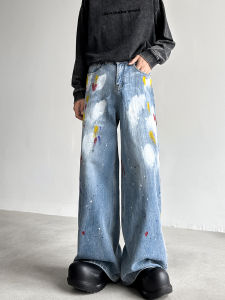 American High Street Graffiti Design Mens Wide Leg Loose Fit Jeans Youthful Trendy Water Washed Straight Cut Casual Trousers