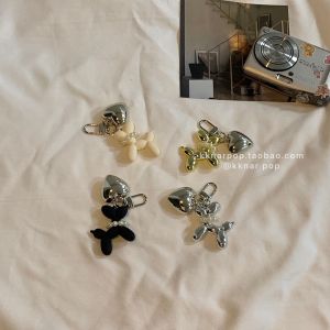 Super Nice ~ Pearl Dog Keychain Ins Korean Style Good-looking Minimalist Cute Silver Big Heart Hanging Ornaments Couple Style