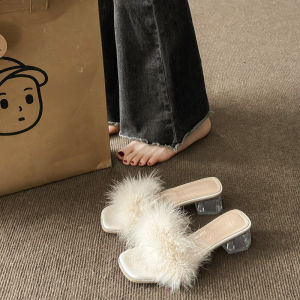 IELGY รองเท้าแตะส้นสูงมีสายคาดหัวสี่เหลี่ยมรองเท้าส้นตึกรองเท้าแตะขนสัตว์สำหรับผู้หญิงสำหรับฤดูร้อน