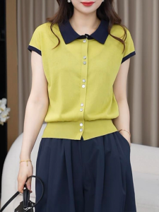 Shalldoer | Áo thun dệt kim tay ngắn màu khối đơn giản có nút cài cổ bẻ dành cho nữ mùa hè mỏng thon gọn đa năng áo thun