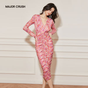 Elegant Youthful Pink Bordeaux Split Dress Print Slim Fit