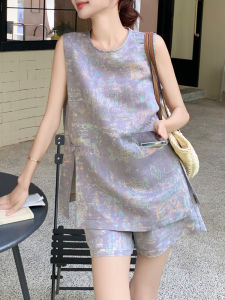 Shalldoer | ชุดสองชิ้นสไตล์จีนใหม่สำหรับผู้หญิง ฤดูร้อนปี 2025 ดีไซน์ใหม่ เสื้อกั๊กแขนกุด กระโปรงสั้นขากว้าง กระดุม ชุดสองชิ้น