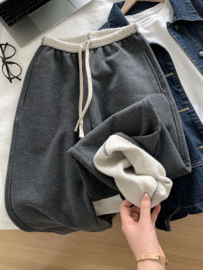 Grey Spliced Casual Scythe Pants Womens High Waist Wide Leg Banana Pants Elastic Waist Color Block Autumn Design Ladies Trousers