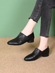Soft Leather Deep Mouth Single Shoes Pointed Toe Thick Heel Womens Footwear Comfortable Slip-On Spring Autumn Fashion Trend