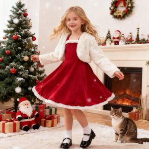 2026 New Year Dress For Girls Autumn And Winter Plush Jacket & Suspender Suits Elegant Dress Carnival Party Christmas Dresses
