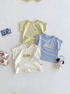 Pure Cotton No-Sleeve T-Shirt for Kids with Shoulder Buckle Cartoon Pattern Base Shirt Baby Summer Casual Loose Fit Knitted Top