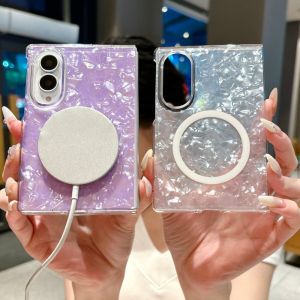 Fantasy Shell Pattern Transparent Magnetic Case For Samsung Galaxy Z Fold 8 Ultra 7 6 5 4 5G Wireless Charger Slim Hard PC Cover
