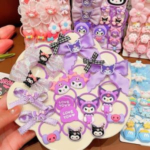 18Pcs/set Kawaii Hello Kitty Stretch Bow Hair Tie for Kids My Melody Cinnamoroll Kuromi Double Ponytail Leather Band Hair Accessories Student Gift
