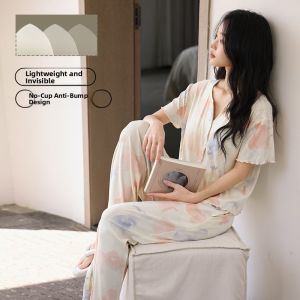 MiiOW | Cat Woman Ice Silk Sleepwear Short Sleeve Round Neck Long Pants Home Clothes Set With Chest Pad Summer Cool Feeling Outerwear