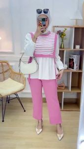 Setelan Muslim Wanita Kaos Knit Rajut Salur Import Kombinasi Terbaru & Termurah COD