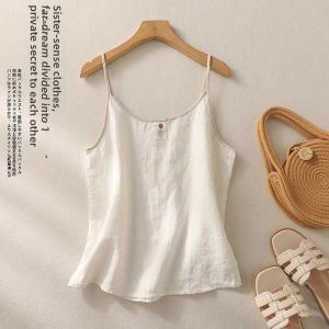 Summer New Style Loose Womens Cotton Linen Strap Vest Embroidered Sleeveless Top Slimming Base Shirt Outerwear Inner Match
