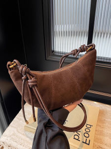Charics&Kittn Womens Retro Style Suede Crossbody Bag Winter 2025 Fashionable Versatile Cow Horn Shape Dumpling Bag