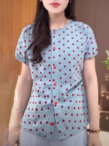 BINKAFENNY | Slimming Polka Dot Short Sleeve Round Neck Shirt For Women Summer Loose Comfortable Fashionable Top Beautiful Korean Style Commute