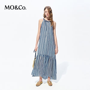 MO&Co. | Summer New Linen Cotton Blue White Stripe Handwoven A-Line Halter Dress