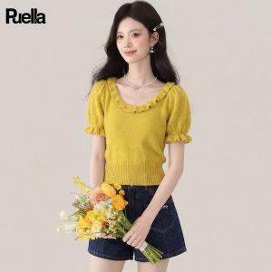 puella | Summer Fashion Elegant Wooden Ear Round Neck Short Sleeve Knitted Sweater
