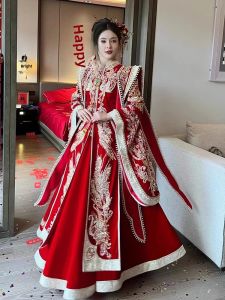 plus Size Chinese Style Wedding Dress Dragon And Phoenix Gown Heavy Work Fenguan Xia Pi Hanfu Long Qipao Embroidered Pearl