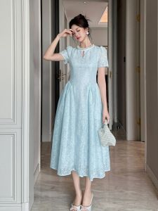 Elegant High Waist A-Line Long Dress Womens Summer Heavy Embellishment Bubble Sleeve Design Slimming A-Line Skirt Dress