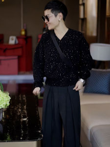Spring 2025 Womens Soft V-Neck Sweater Glitter Black Commute Friendly Long Sleeve Comfortable Fit Fashionable Trendy Style