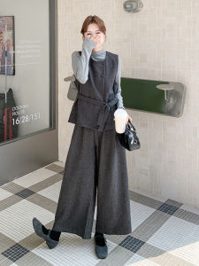 Gray Vintage Small Fragrance Style Woolen Vest Wide Leg Pants Set Womens 2025 Autumn High-End Feeling Old Money Style Three-Piece Set