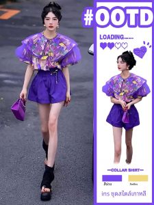 Korean Style Casual Set Womens 2025 New Net Splicing Large Collar Short Sleeve High Waist Wide Leg Pants Two Piece Set
