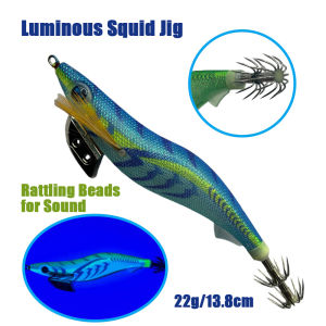 UV Glow Wooden Shrimp Squid Lure 13.8cm 22g Sinking Bait with Rattle Beads Reinforced Hook Saltwater Freshwater Fishing Tackle
