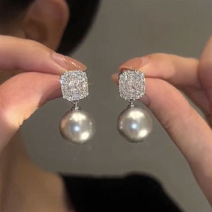 Elegant Grey Pearl Drop Earrings Womens Fashion Jewelry Unique Vintage French Style Alloy Gold Plated Floral Design