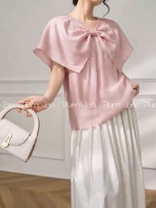 PlumJan | Áo Thun Tay Ngắn Mỏng Màu Hồng Có Nơ Lớn