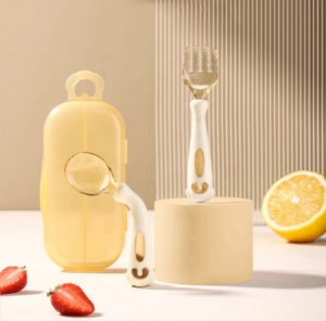 1set Baby Training Spoon Bendable Handle Tableware Fork Set 100% Food Grade White Puppy Design Tritan Silicone Learning Spoon