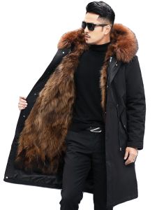 Eco-Friendly Mens Parka Coat Fox Fur Collar Removable Mid-Length Thickened Cotton Jacket Vintage Commute Zipper Closure