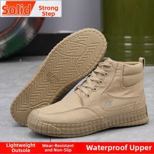 Mens High-Top Canvas Labor Protection Shoes Anti-Dust Waterproof Brown Shoes Wear-Resistant Rubber Midsole Tactical Boots
