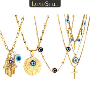 LUXUSTEE Turkish Blue Evil Eye Cross Hand Zirconia Pendant Necklace For Women Stainless Steel Clavicle Chain Boho Lucky Jewelry
