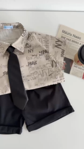 BE265 Bộ áo sơ mi quần đùi cà vạt LOCOBEARquần áo cho bé trai đi chơi đi học cá tính