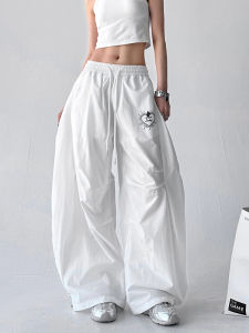 Quần Ống Rộng Cạp Cao Màu Trắng Phong Cách Mỹ Hip Hop Quần Thể Thao Thường Ngày Quần Nhún Bèo Cạp Cao Quần Ống Rộng