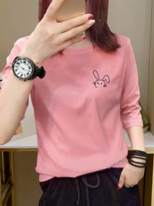 Pure Cotton Three-Quarter-Length-Sleeved T-shirt Women's Bottoming Shirt Women's Spring and Autumn All-Match 2024 Loose Top Wear Half-Sleeve Summer Wear Ins Fashion