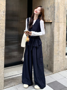 Fashionable Trendy Womens Three-Piece Set with Vest T-Shirt Wide Leg Pants for Autumn Casual Wear Polyester Fiber