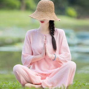 Young Womens Yoga Clothes Cotton Linen Sitting Meditation Buddhist Style Tea Costume Set Traditional Chinese Fashion Top